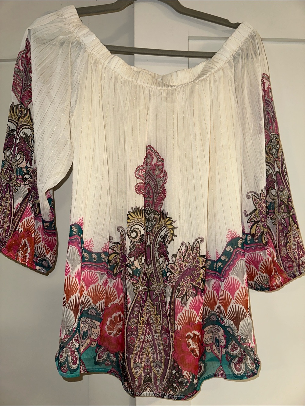 Cato White Off-Shoulder Floral Paisley Tunic with Pink and Teal Accents